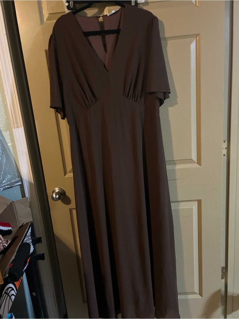 Baltic Born Brown V‑Neck Maxi Dress with Flutter Sleeves